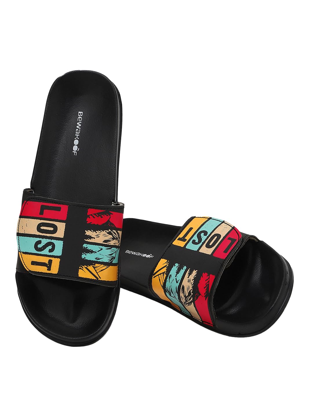 Bewakoof Mens Black Lost Printed Velcro Sliders_659664_Black_UK7