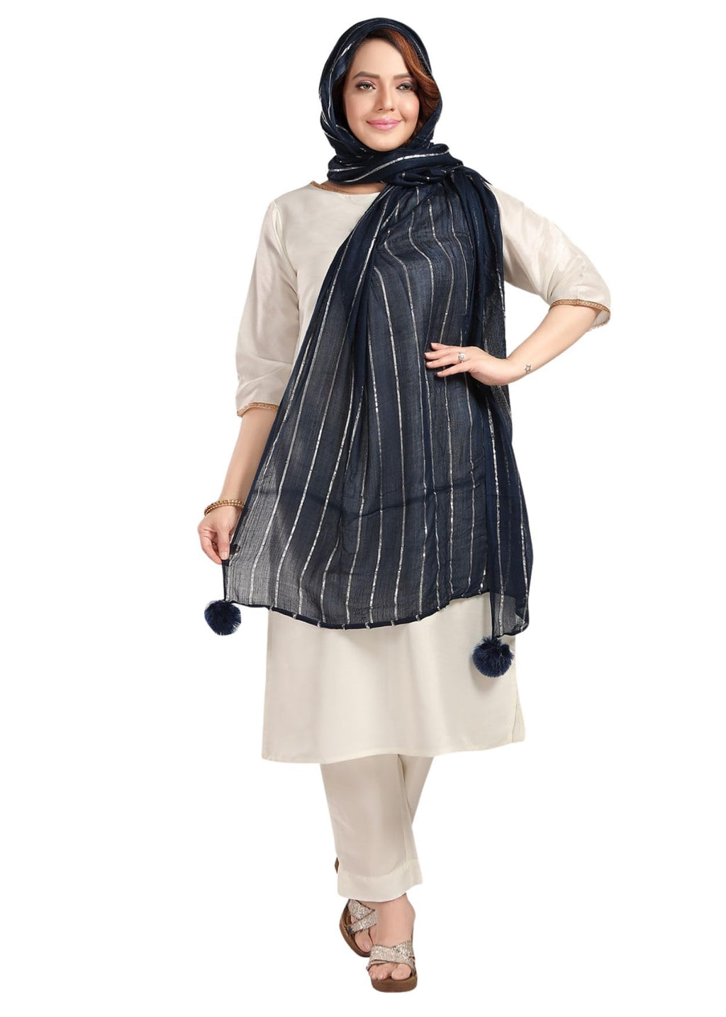 Fabme Womens Shimmer Embellished Soft Cotton Dupatta - Navy Blue, Free Size