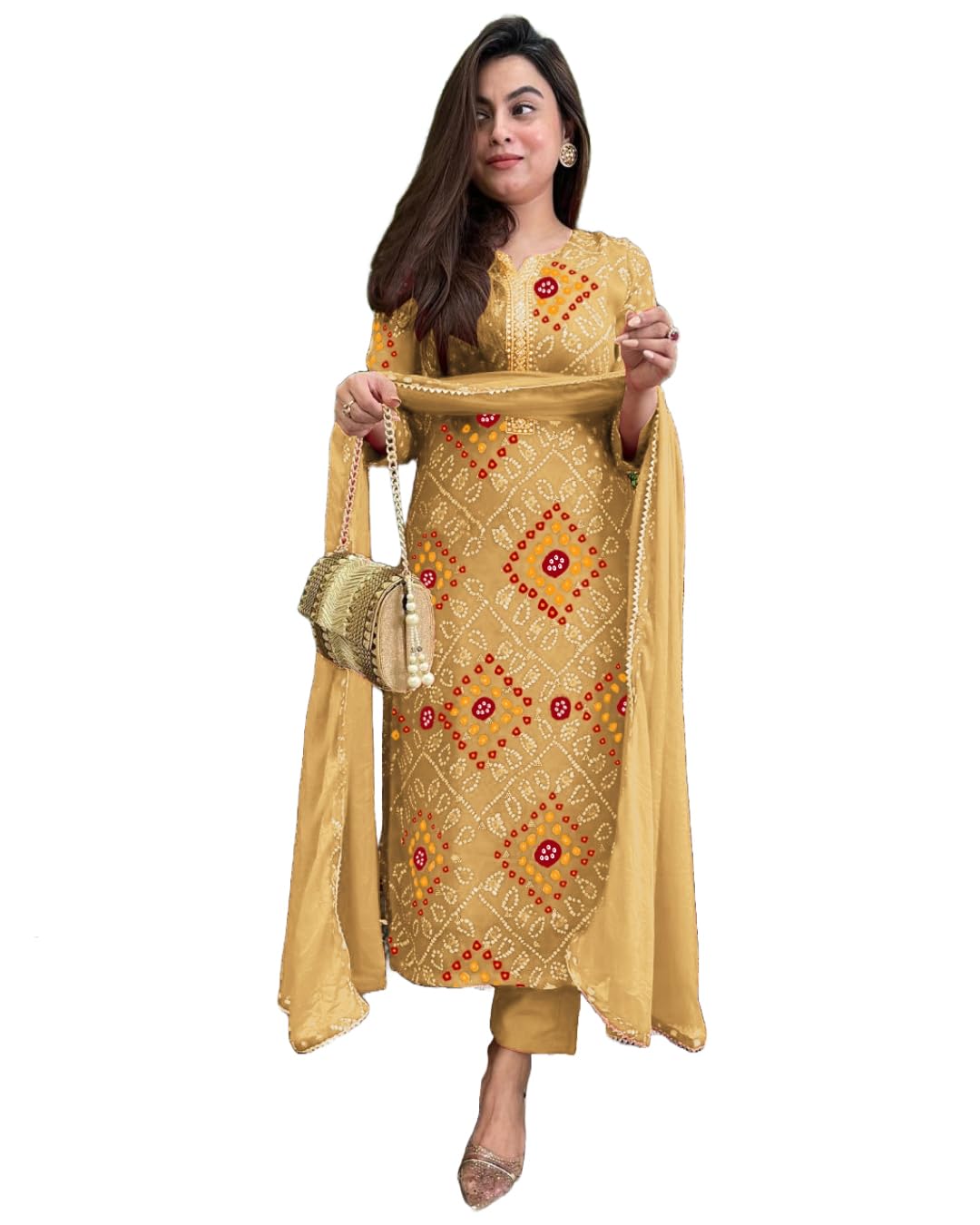 ANNI DESIGNER Womens Rayon Blend Floral Straight Kurta with Pant & Dupatta (TURAE-RED-G8S_Cream_Medium)