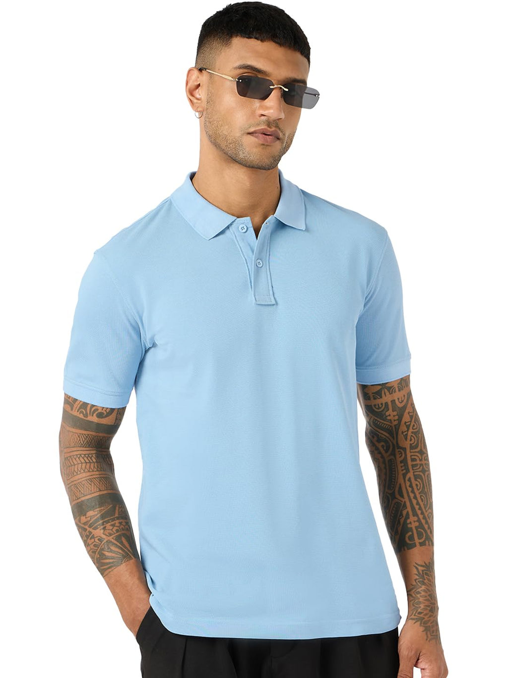 Bewakoof Mens Solid Regular Fit Half Sleeve Collared Neck Cotton Polo T-Shirt_685329_Blue_XL