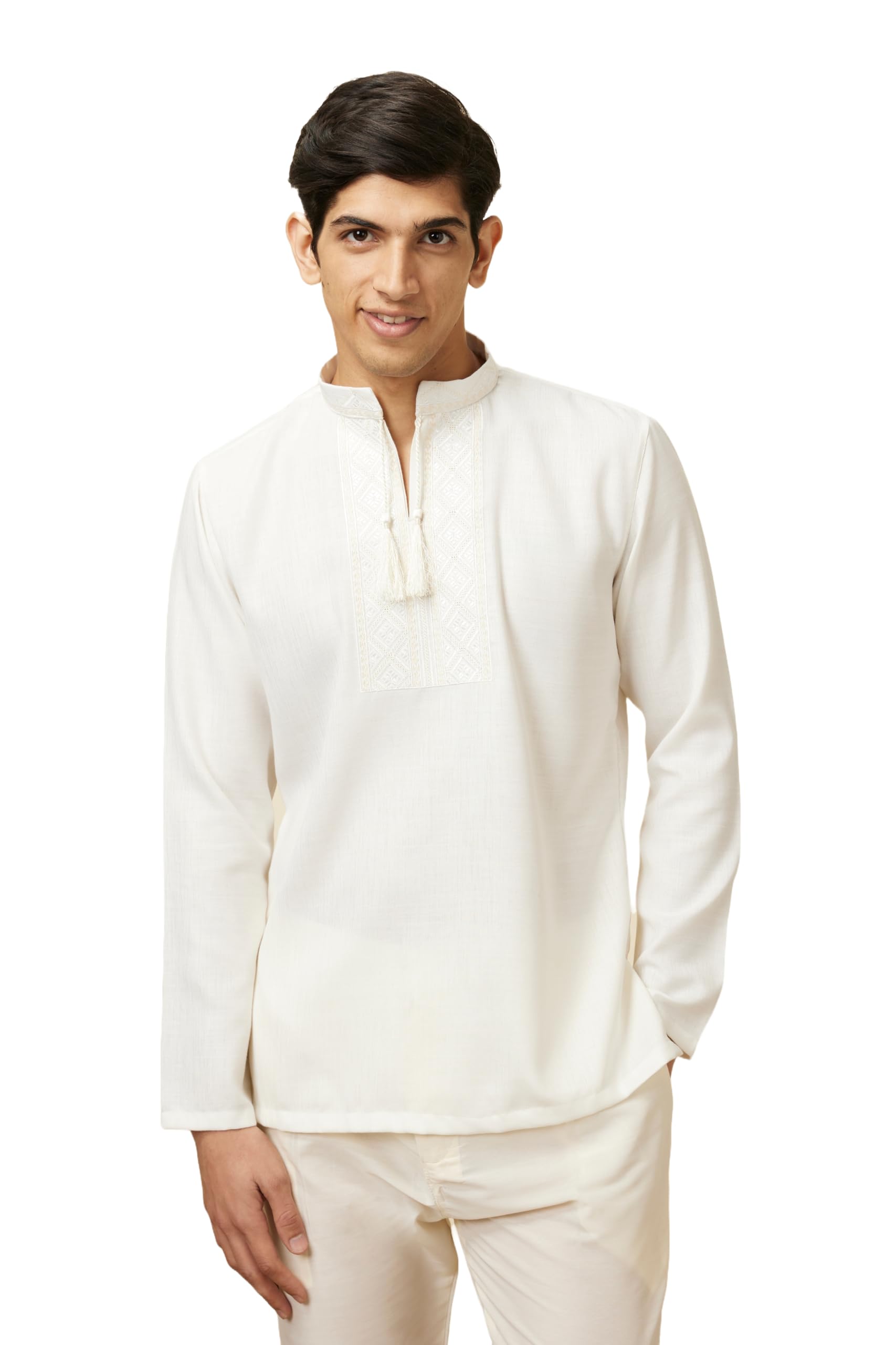 Manyavar MenS Blended Viscose Solid Casual, Traditional Full Sleeves Shortkurta (Off White/Cream, Xl)