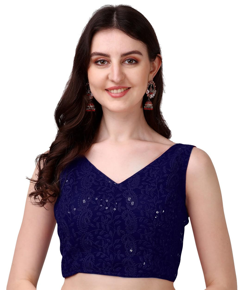 Pujia Mills Womens Georgette Sipali Sequin Work Sleeveless Blouse (Navy Blue, 38)