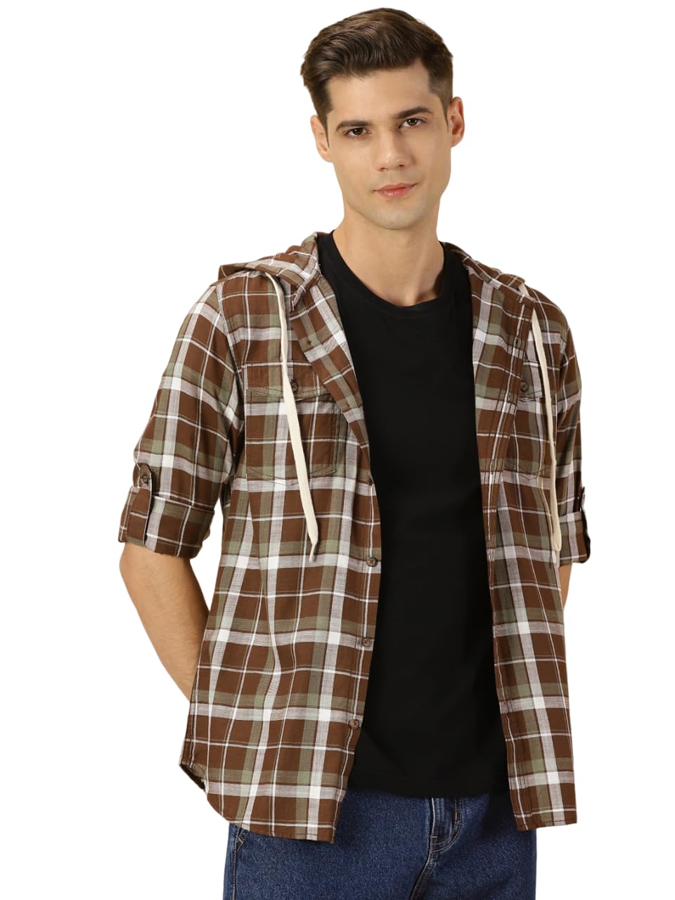 Thomas Scott Tartan Checked 100% Cotton Shirt Hoodie for Mens Caramel