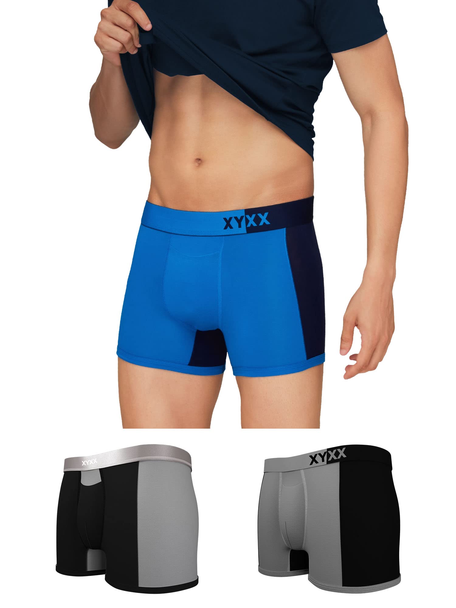 XYXX Mens Underwear Dualist IntelliSoft Antimicrobial Micro Modal Trunk Pack of 3 (Brilliant Blue & Black Iris ; Steel Grey & B