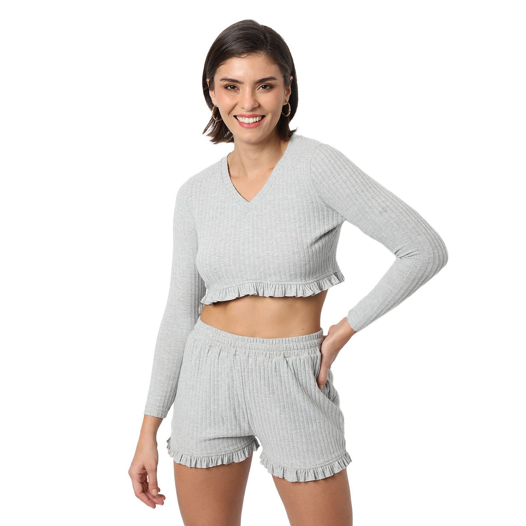 Campus Sutra Women'S Light Grey Regular Fit Cropped Co-Ords For Winter Wear | Full Sleeve | Shorts | Ribbed Co-Ords | Casual Co-