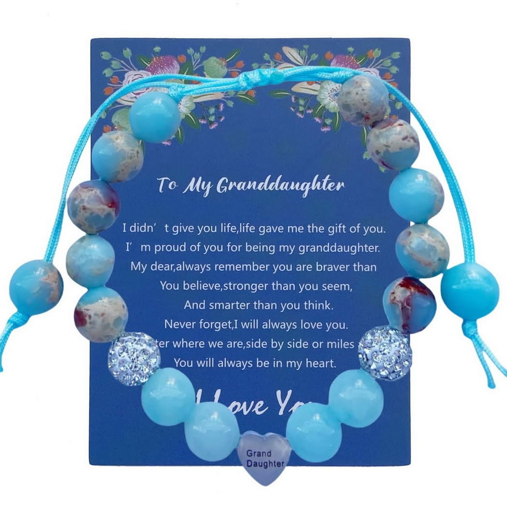 DOLON Blue Natural Stone Stainless Steel Heart Granddaugther Charm Bracelet Adjustable Jewelry Back to School Birthday Christmas