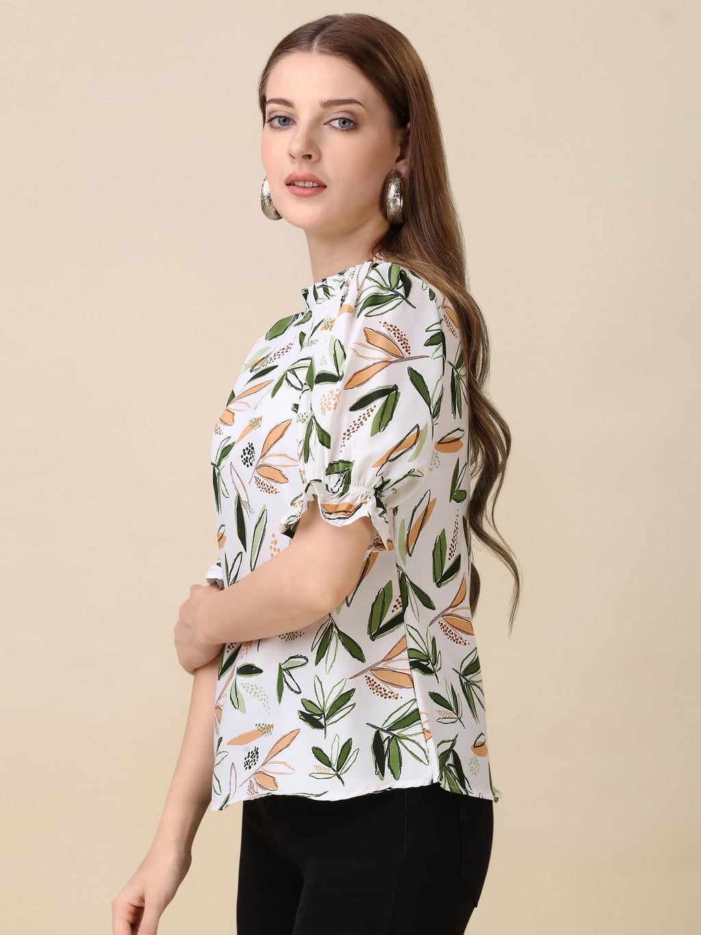 Gufrina WomenS Rayon Top With Half Sleeves High Round Neck Floral Printed Regular Fit Western Style And Standard Length