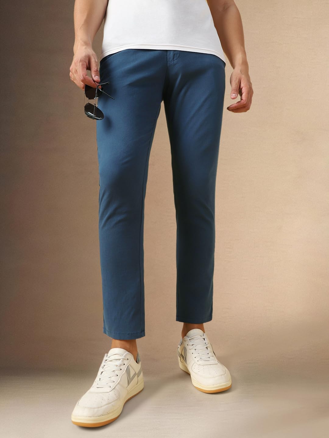 Dennis Lingo Mens Denim Blue Solid Cotton Straight Fit Chinos