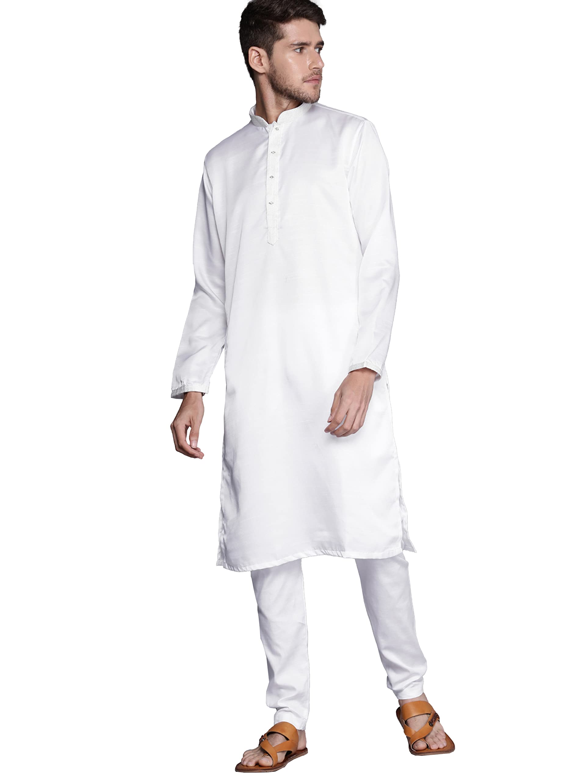 Manyavar Kurta Set for Men, Full Sleeves Mandarin Collar Ethnic Kurta Set for Engagement, Wedding, Party Solid (Full White, M)