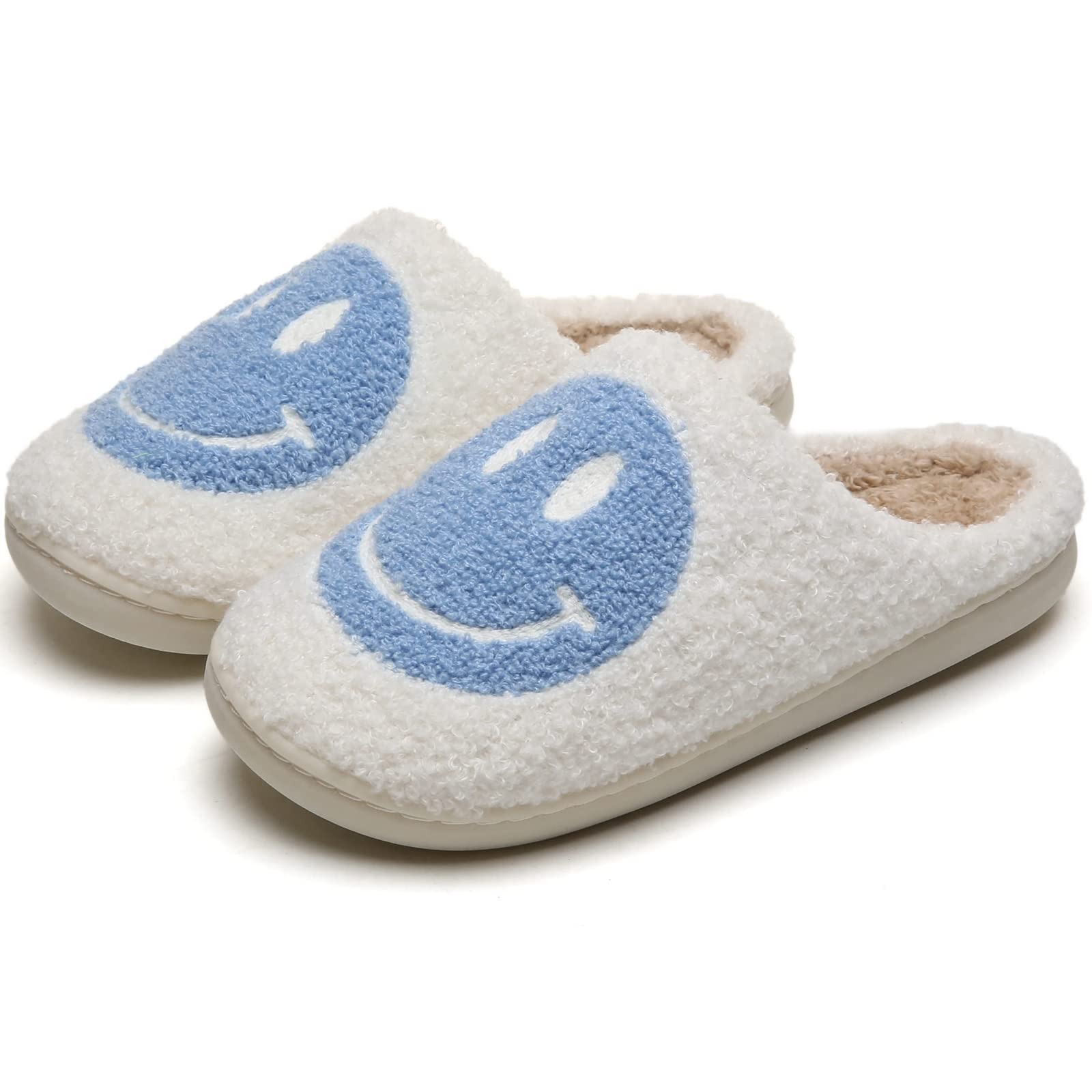 kissxiaoya Smile Face Slippers Women/Men,Retro Soft Plush Lightweight Smiley Face House Slippers,Indoor Outdoor Cozy Trendy Slip-On Slipper (7.5-8.5 Women/7-8 Men,White-Blue Smile,numeric_7_point_5)-New Condition