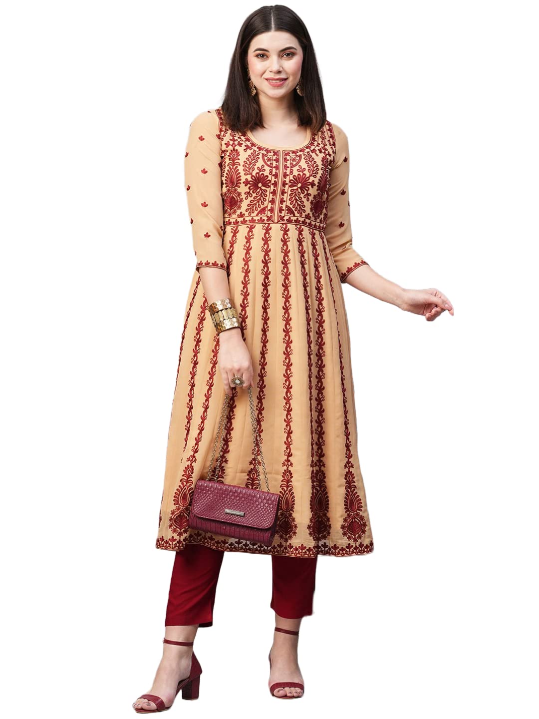 ANNI DESIGNER Womens Georgette Chikankari Embroidered Anarkali Kurti (NAAV-Beige-SM_M_Beige_Medium)