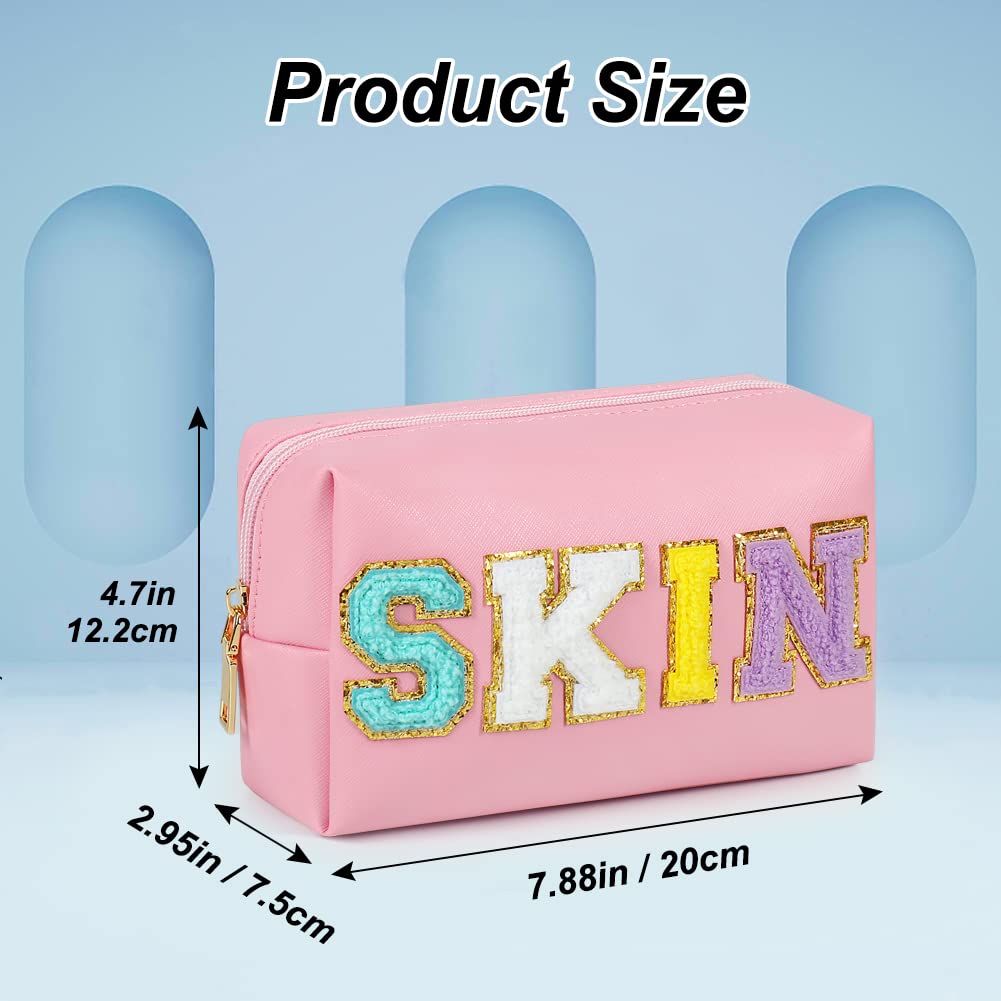 JOINDO Preppy Makeup Bag, Skin Makeup Bag,Chenille SKIN Letter Cosmetic Bag, PU Leather Skincare Toiletry Bag, Cute Travel Organ
