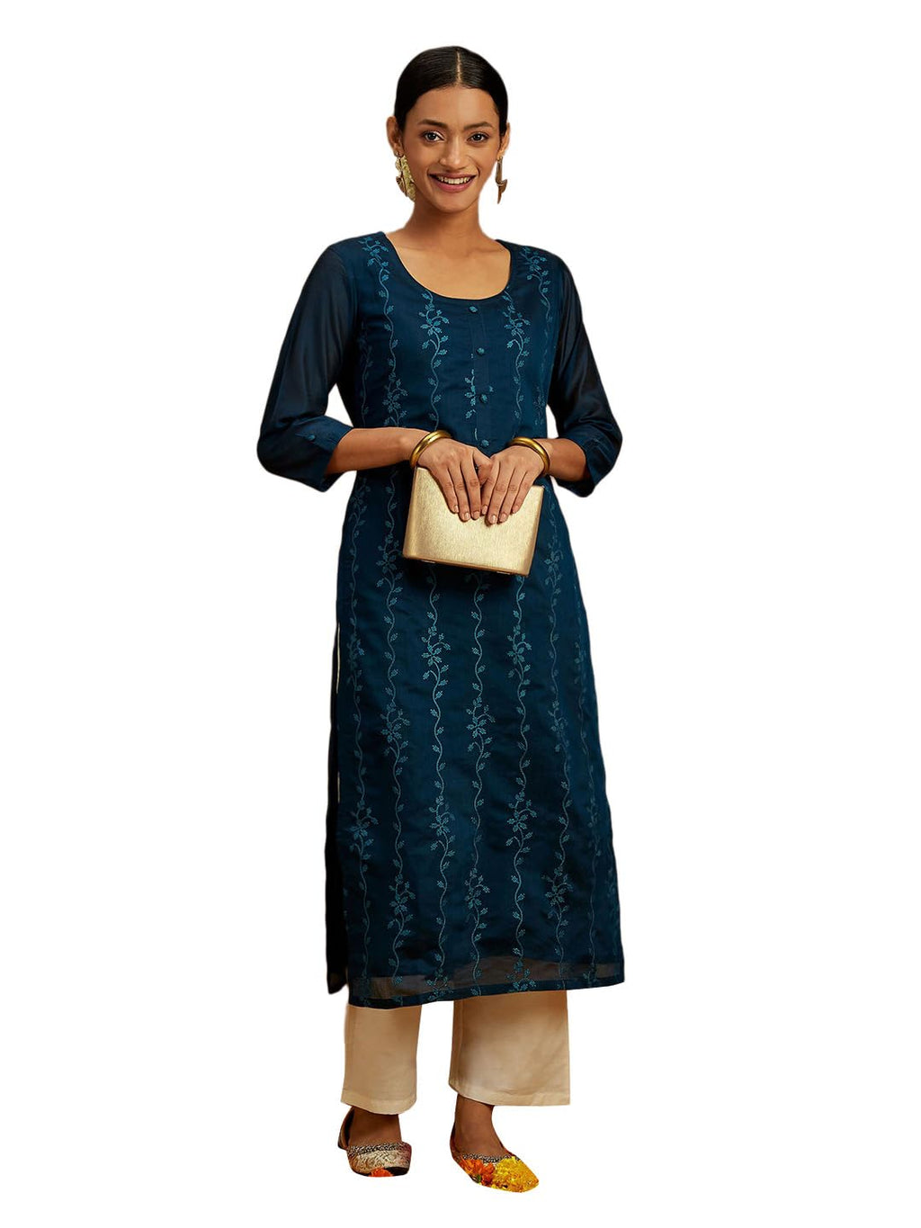 Libas WomenS Chanderi Silk Embroidered Straight Kurta (58007_Teal