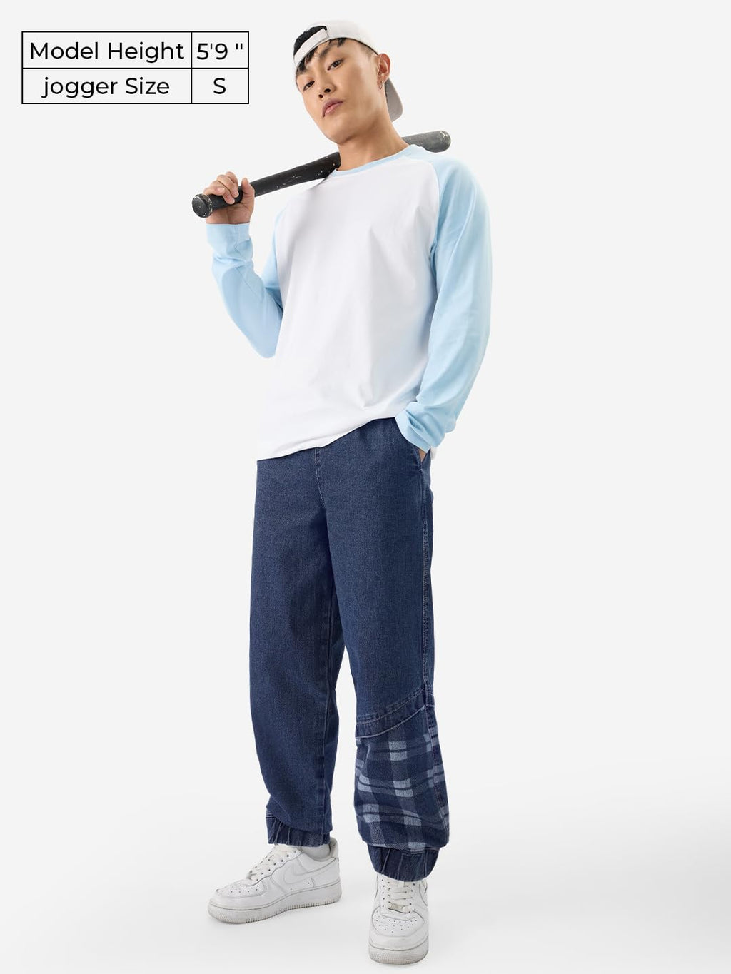 The Souled Store Urban Plaid Men and Boys Pull On Baggy Fit Cotton Denim Joggers Blue