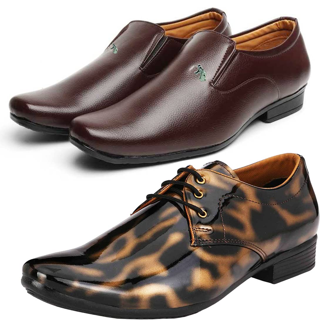 Fashionable Trendy Formal Shoes/Party Shoes/ 2 Shoes Combo with Free Belt for Men and Boys (BAZAAR8584_VTR01BlkGld2006Bdr) M 9
