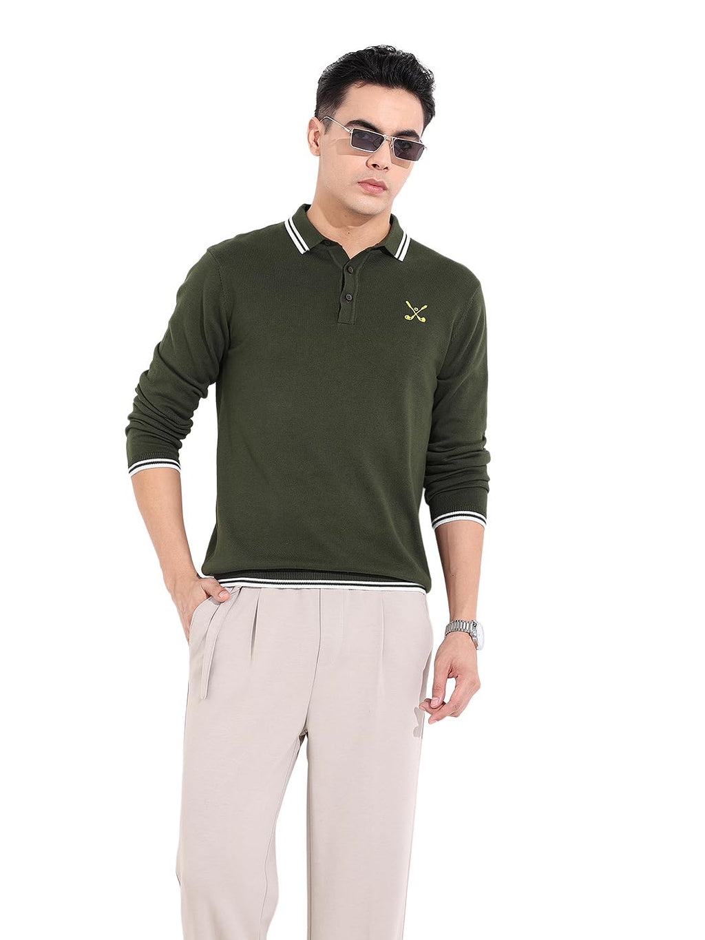 The Indian Garage Co Mens Slim Fit Textured Long Sleeves Neck Flat Knit Polo T-Shirt