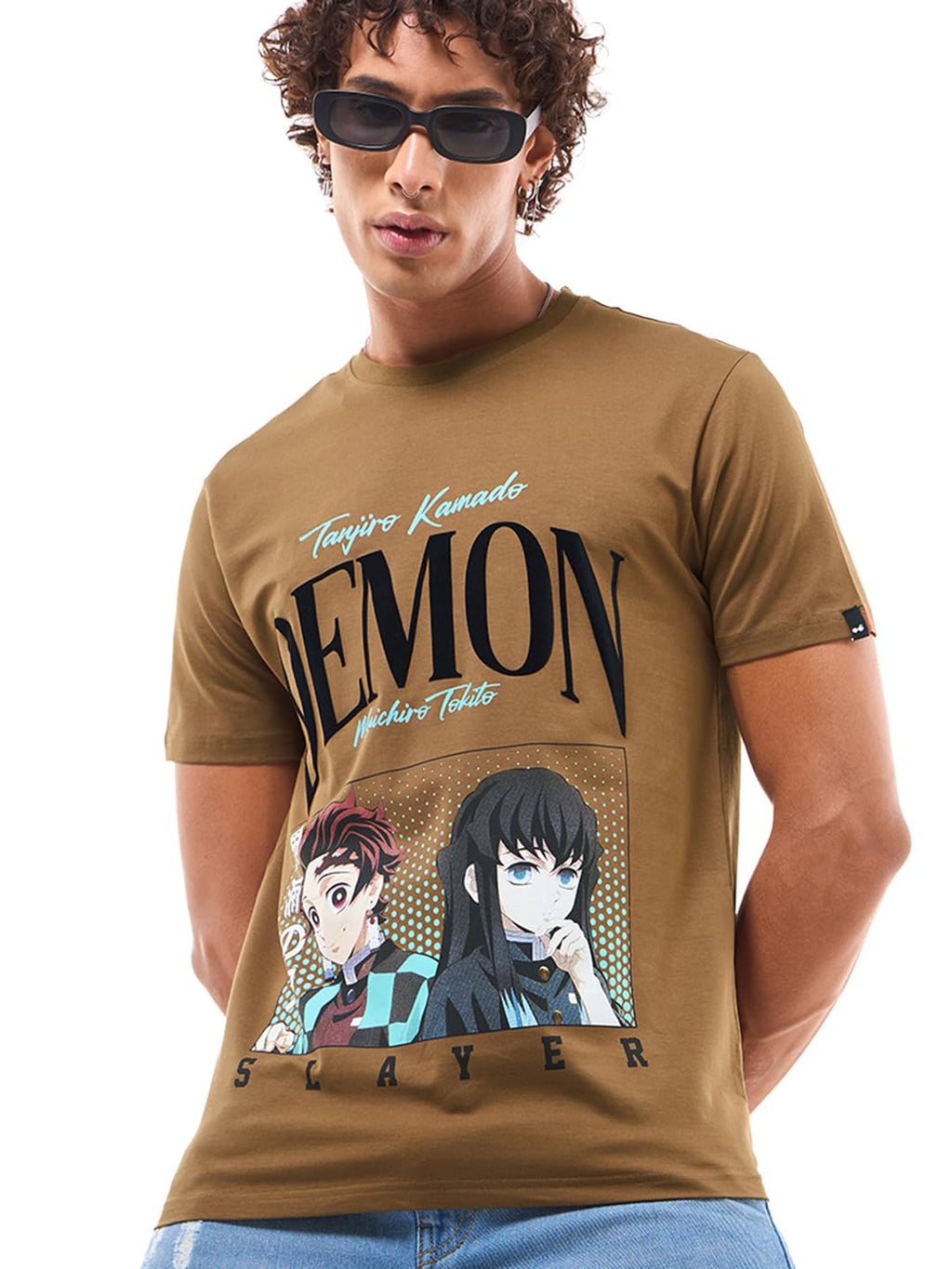 Bewakoof Official Demon Slayer Merchandise Tanjiro Kamado Mens Graphic Printed Regular Fit Half Sleeve Round Neck Cotton Blend 