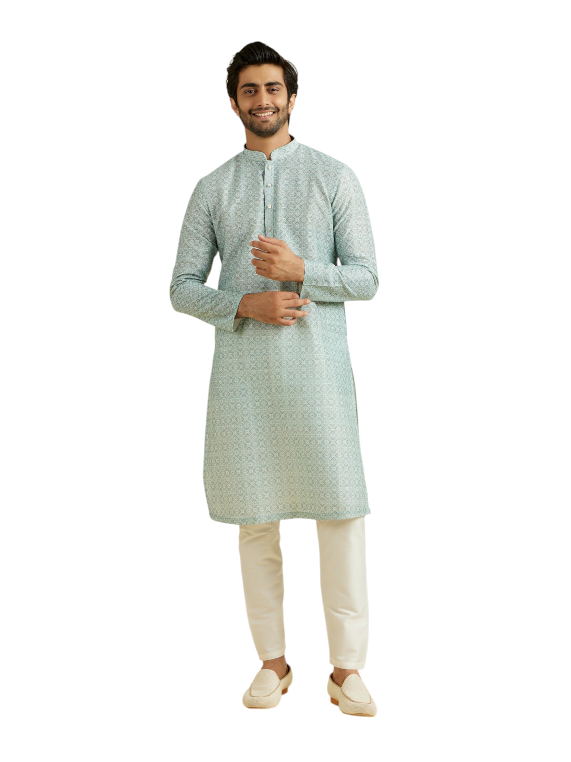 Manyavar Mens Viscose Blend Printed & Sequinned Kurta Pyjama Set (Aqua Green,XXL)