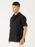 The Souled Store Solids: Midnight Black Men and Boys Short Sleeve Collared Neck Button Down Regular Fit Cotton Textured Shirts