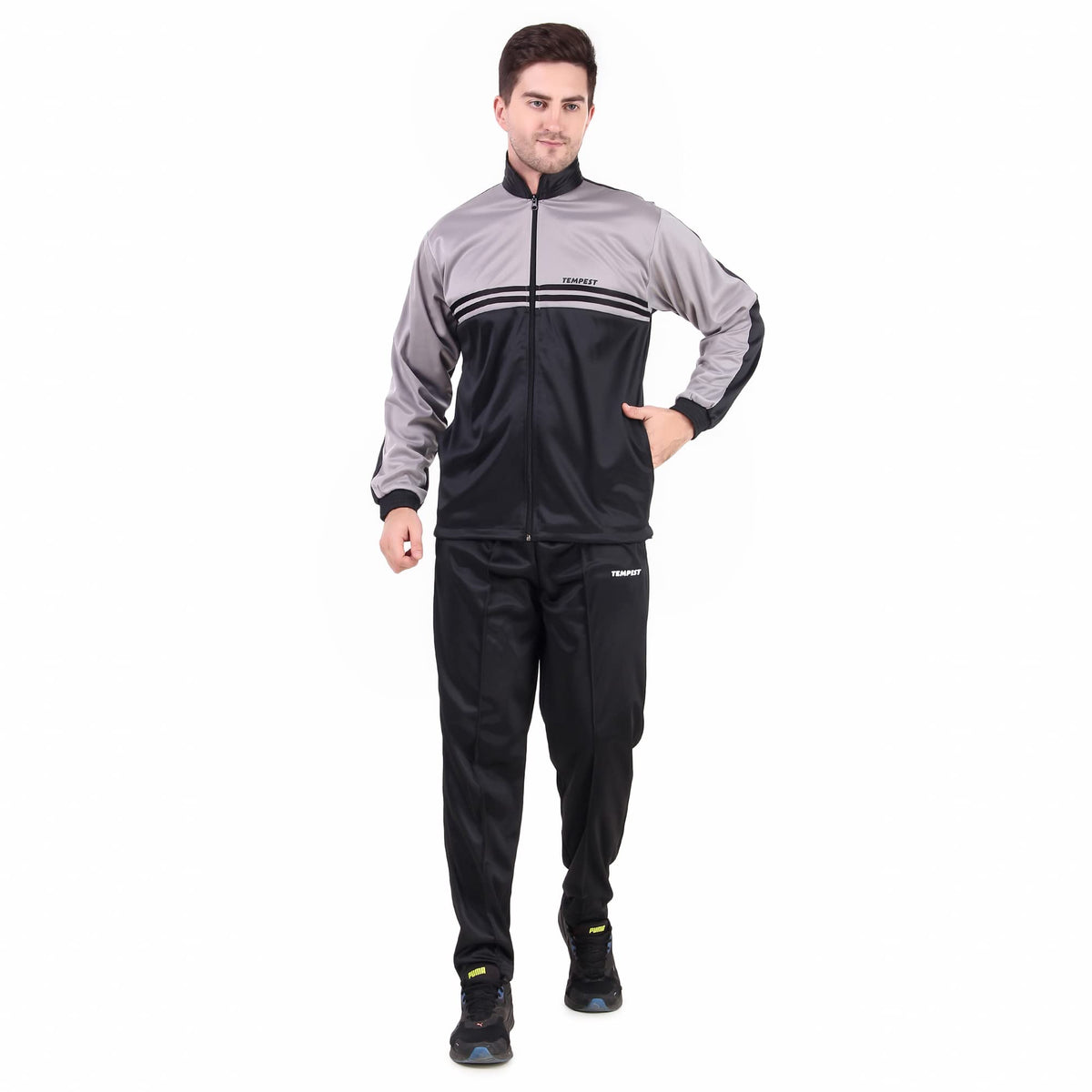 Tempest MenS Running Windbreaker Gym And Sports Tracksuit (2Xl, Black/Light Grey)