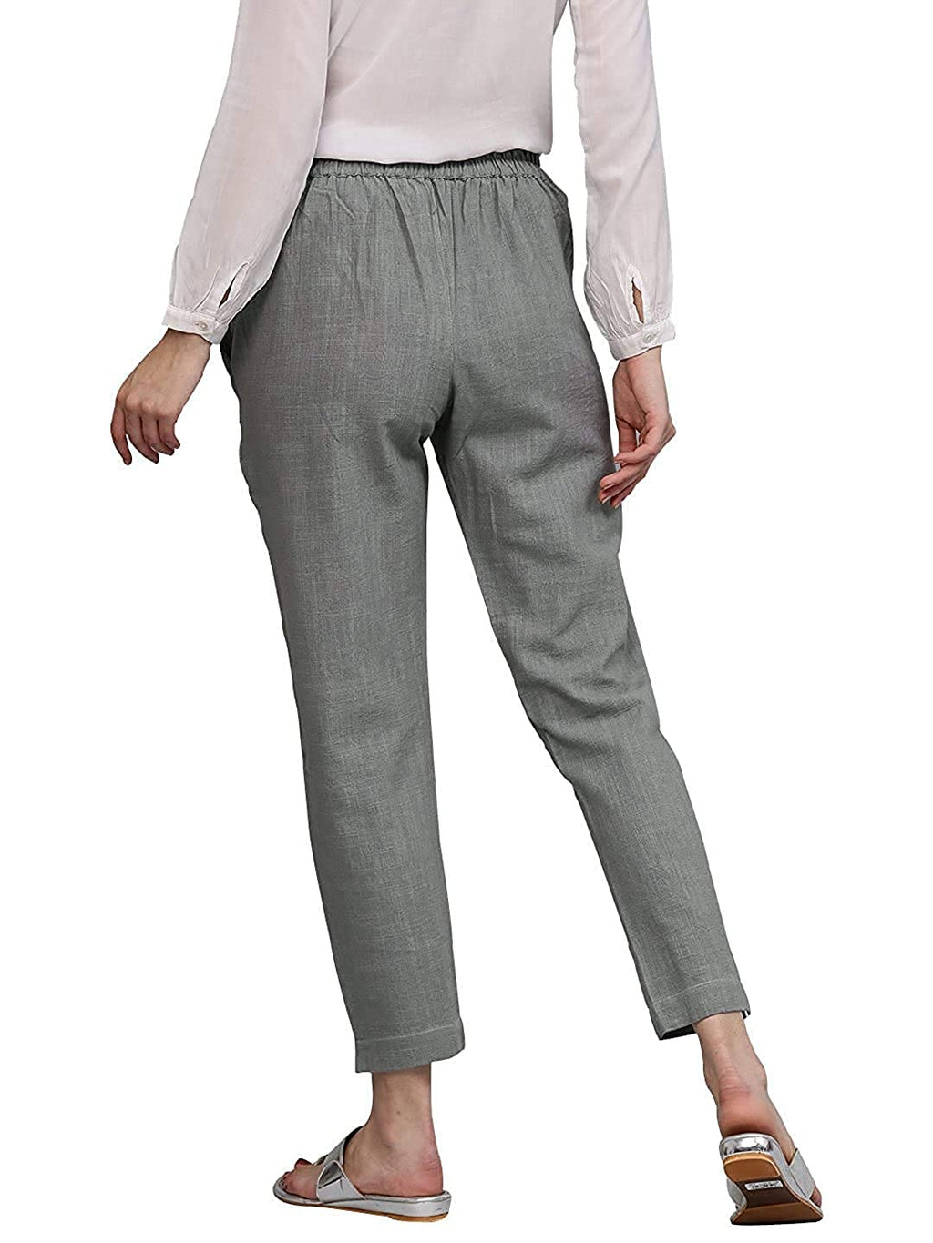 Digital Shopee Women Regular Fit Elastic Waist Full Length Cotton Formal Trouser For Casual Wear, Office Wear Grey