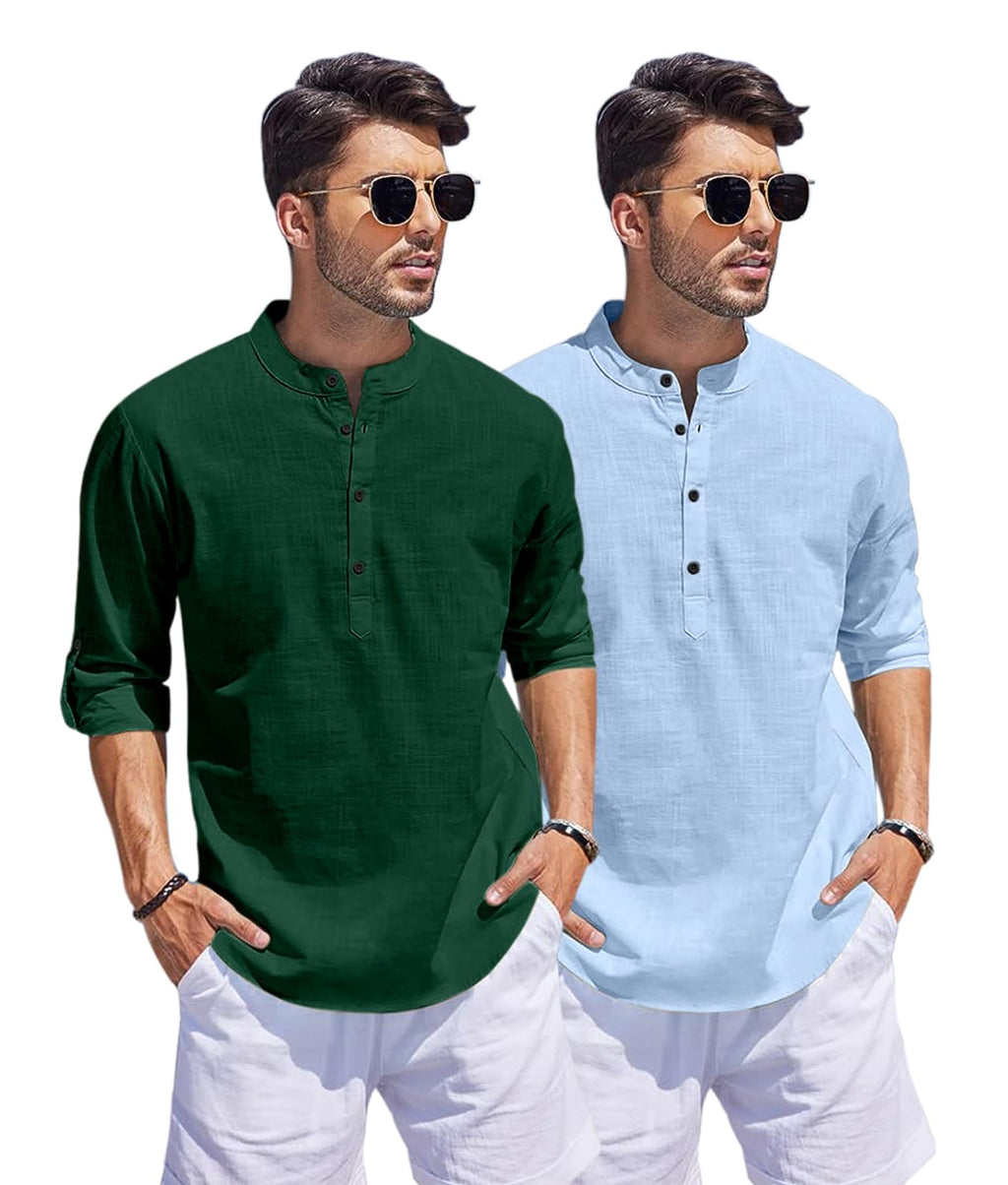 Hemrin Combo Of Men Solid Cotton Blend Straight Kurta Shirt Pack Of 2