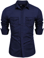 Rebelify MenS Cotton Blend Shirt With Pockets Full Sleeves Collared Neck Solid Pattern Botton Down Closure Relaxed Fit And Stan