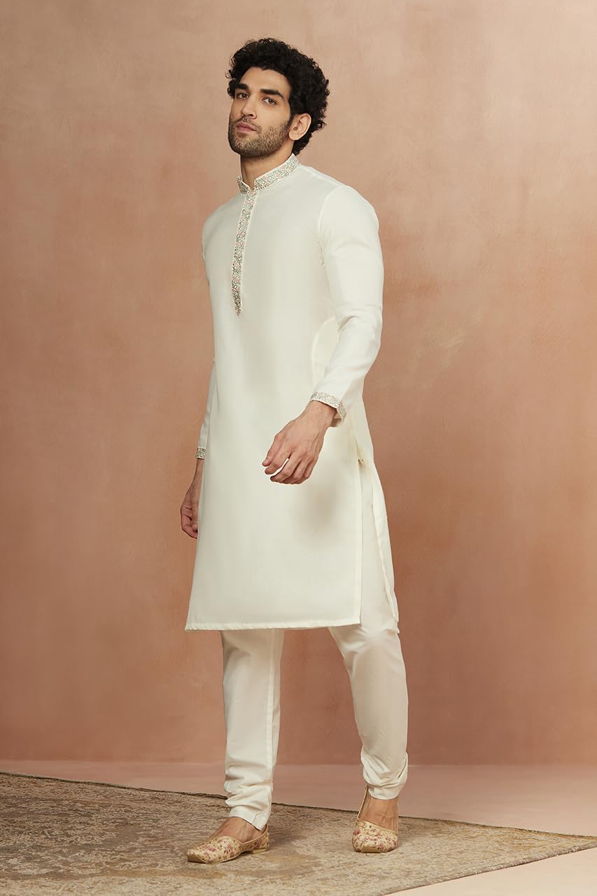Manyavar Mens Warm White Blended Viscose Solid Kurta Pyjama Set