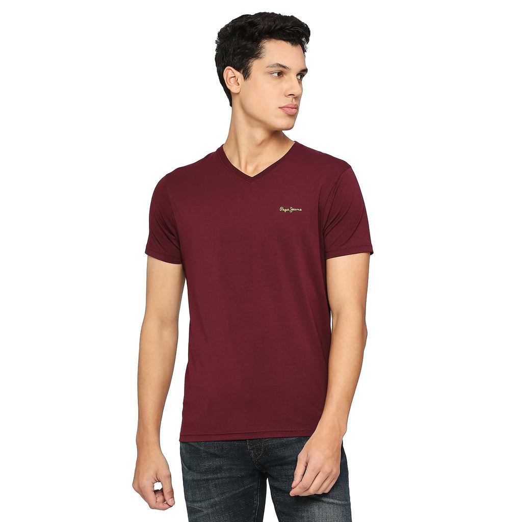 Pepe Jeans MenS Solid Slim Fit T-Shirt (Pm509199_Burgundy Red