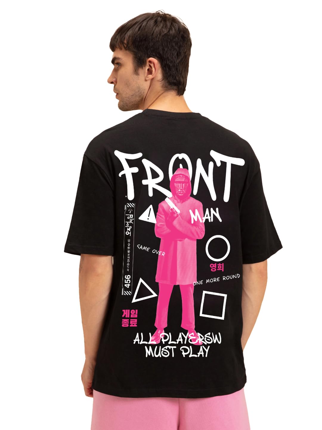 Bewakoof Official Squid Game Merchandise Mens Graphic Print Oversized Fit Half Sleeve Round Neck Cotton T-Shirt_683860_Black_M