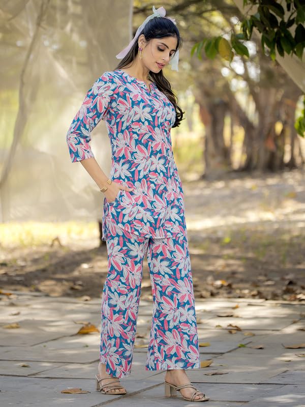 Pinkmint WomenS Pure Cotton Co Ord Set L Flower Printed Co Ord Set L Stylish Pocket & 3/4 Sleeve Women Co-Ord Set