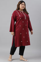 W For Woman Dark Red Embroidered Plus Size Winter Kurta