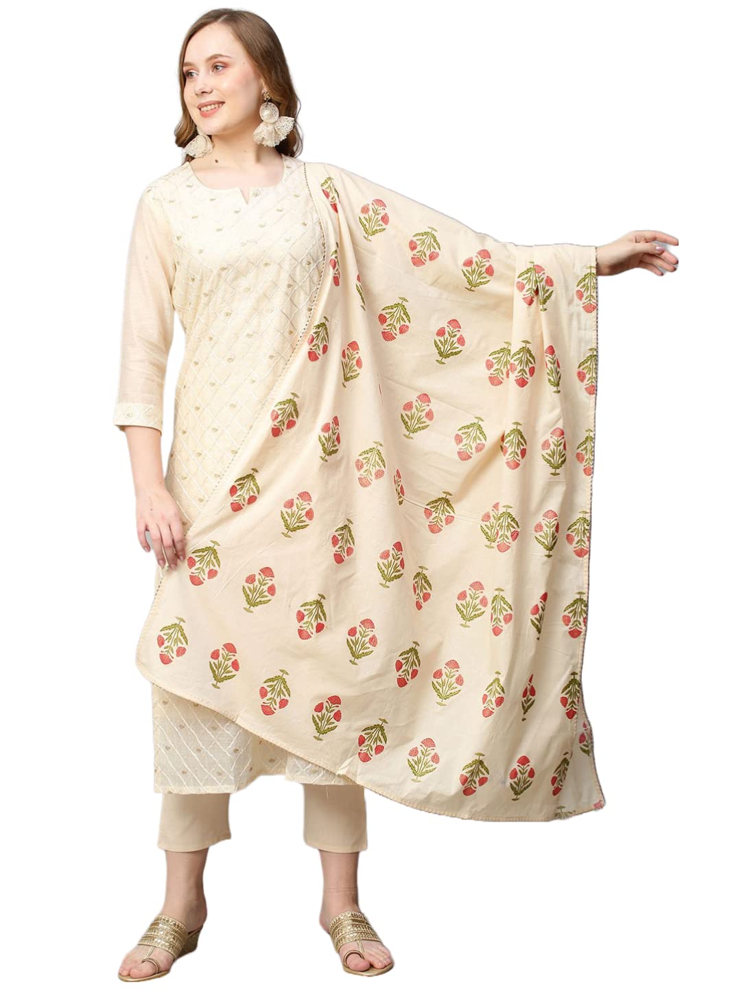 ANNI DESIGNER Womens Cotton Blend Embroidered Straight Kurta with Pant & Dupatta (MYSURU-Cream_S_Cream_Small)