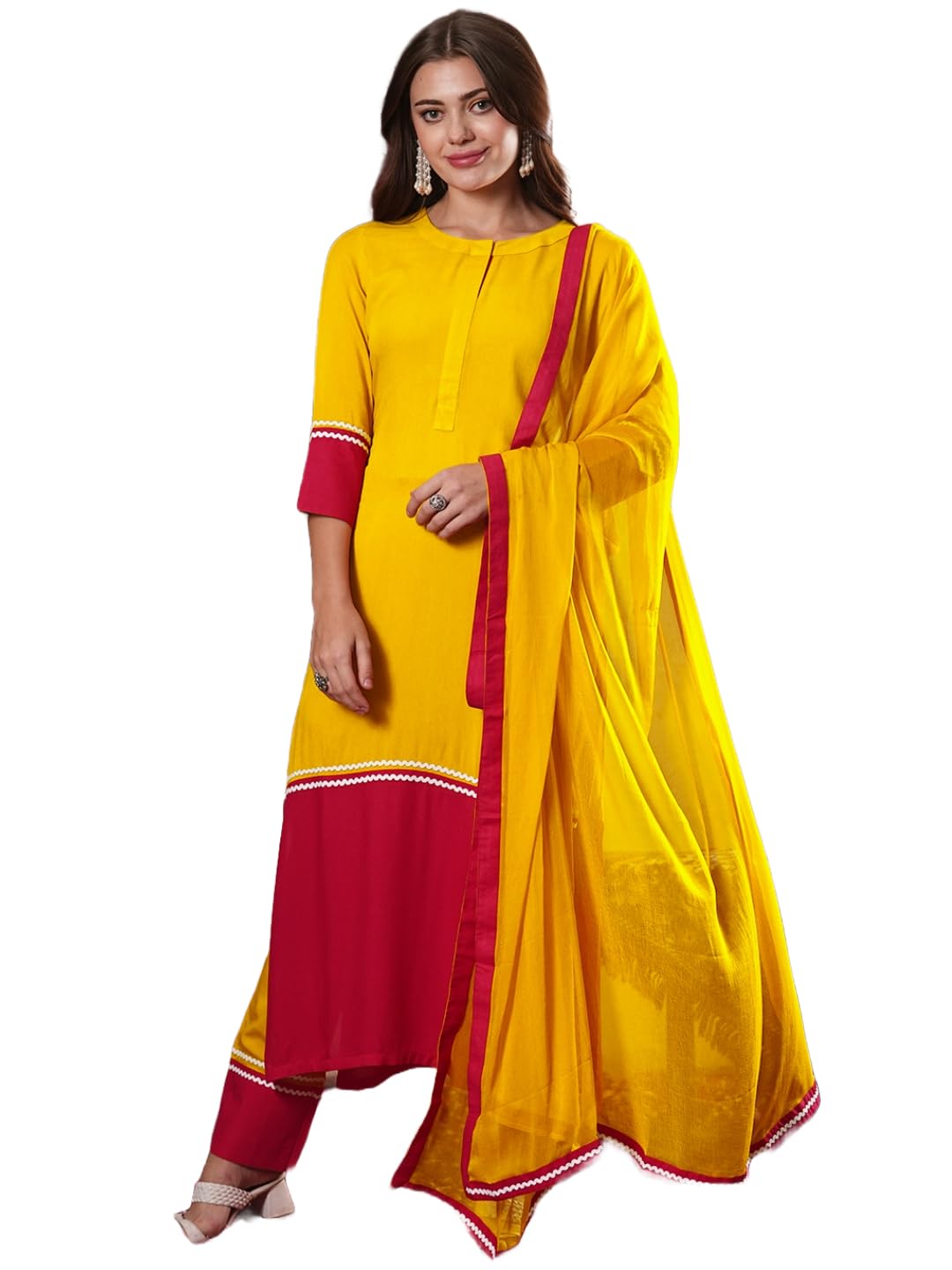 ANNI DESIGNER Womens Cotton Blend Straight Solid Kurta with Pant & Dupatta (PANAI Yellow_M_Yellow_Medium)