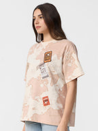 The Souled Store Travel Women and Girls Short Sleeves Round Neck Beige All Over Printed Cotton Oversized T-Shirts