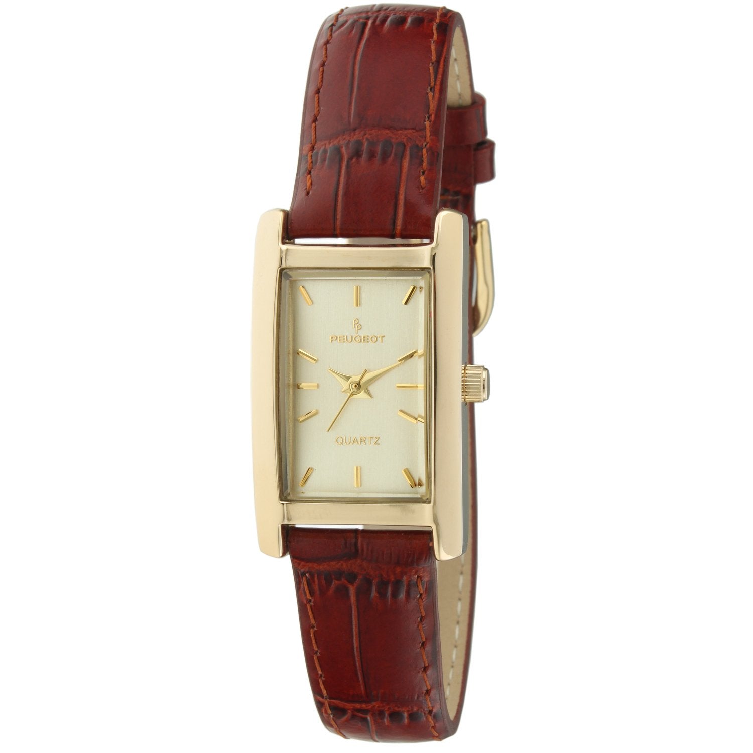 Peugeot Women's Classic 14Kt Gold Plated Watch, Rectangular Tank Shape Case with Leather Band and Easy to Read Dial