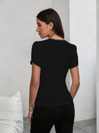 Sugathari Girls & Womens Black Eyelet Embroidery Knitted V Neck Casual Slim Fit Women T-Shirt, Short Sleeve Schiffli Crop Top,