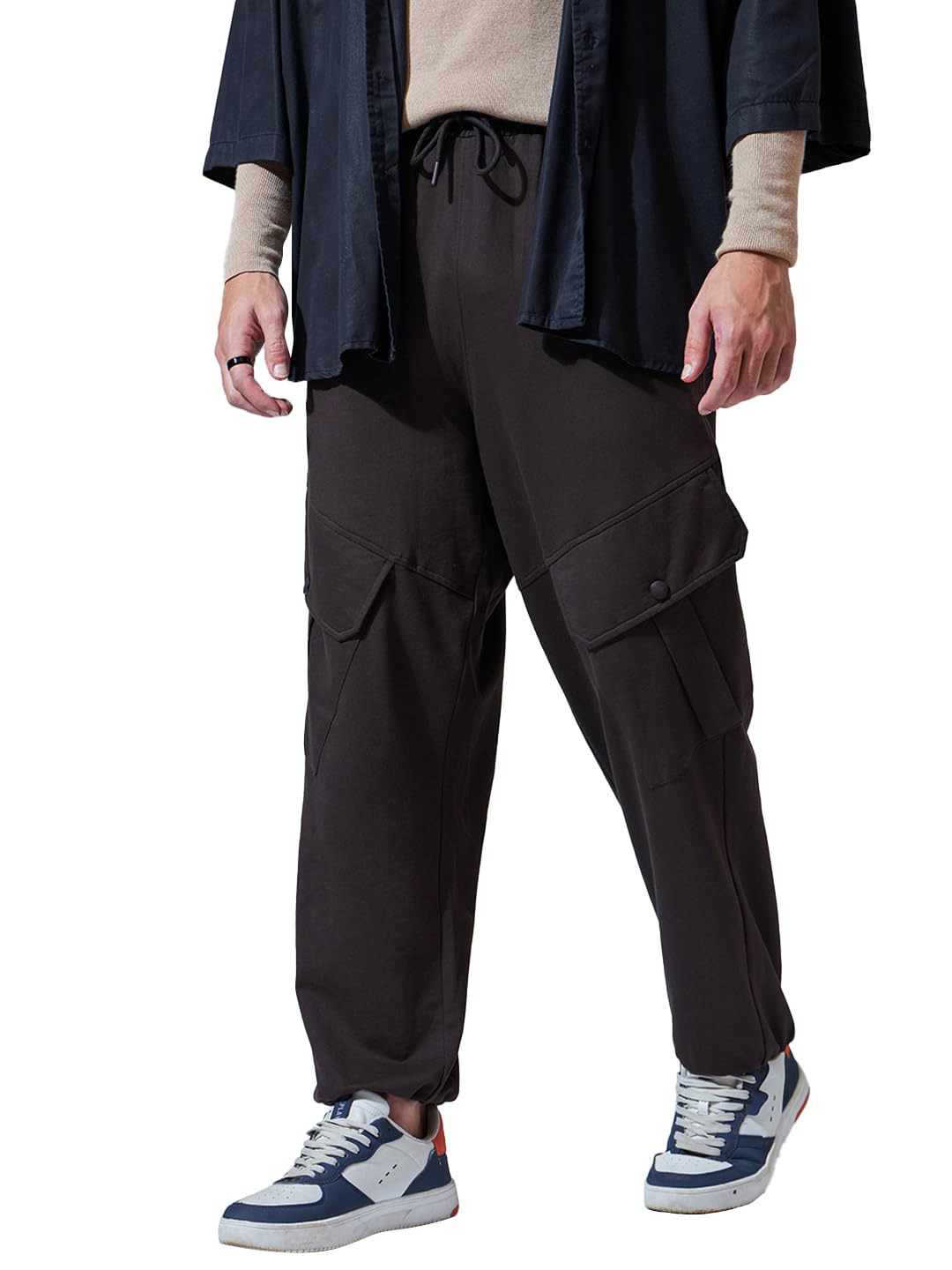Bewakoof Mens Low Rise Solid Super Loose Fit Cargo Joggers_609811_Brown_M