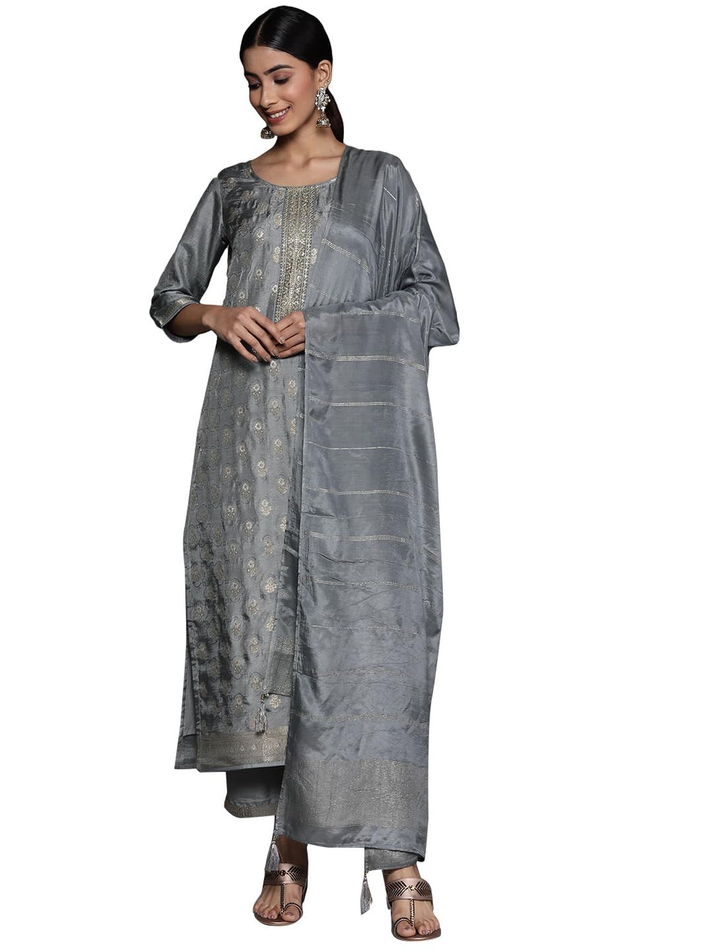 Libas Grey Self Design Silk Blend Straight Kurta With Trousers & Dupatta