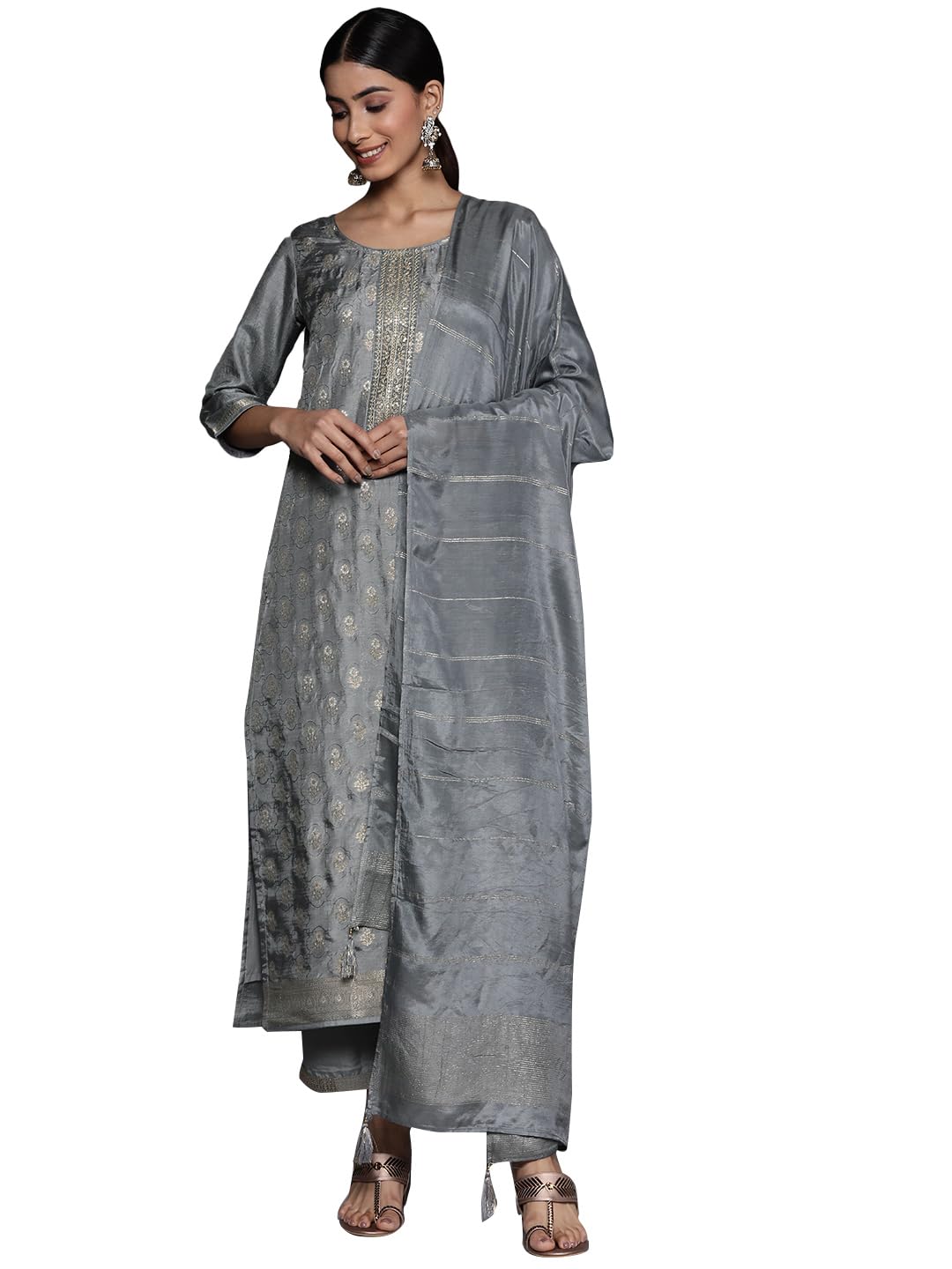 Libas Grey Self Design Silk Blend Straight Kurta With Trousers & Dupatta