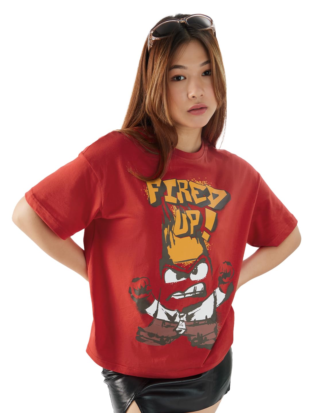 The Souled Store Official Inside Out: Fired Up Women and Girls Short Sleeves Round Neck Red Graphic Printed Cotton Oversized T-S