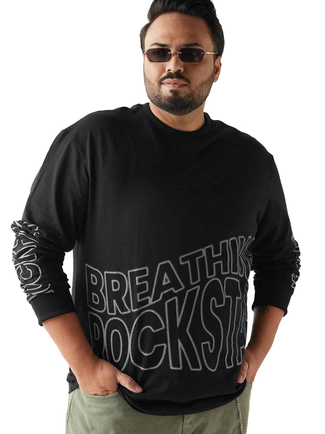 Bewakoof Mens Typography Oversized Fit Full Sleeve Round Neck Terry Plus Size T-Shirt_597323_Black_5XL