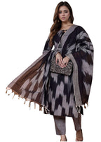 ANNI DESIGNER Womens Rayon Viscose Printed Straight Kurta with Pant & Dupatta (Sonapur Black_M_Black_Medium)