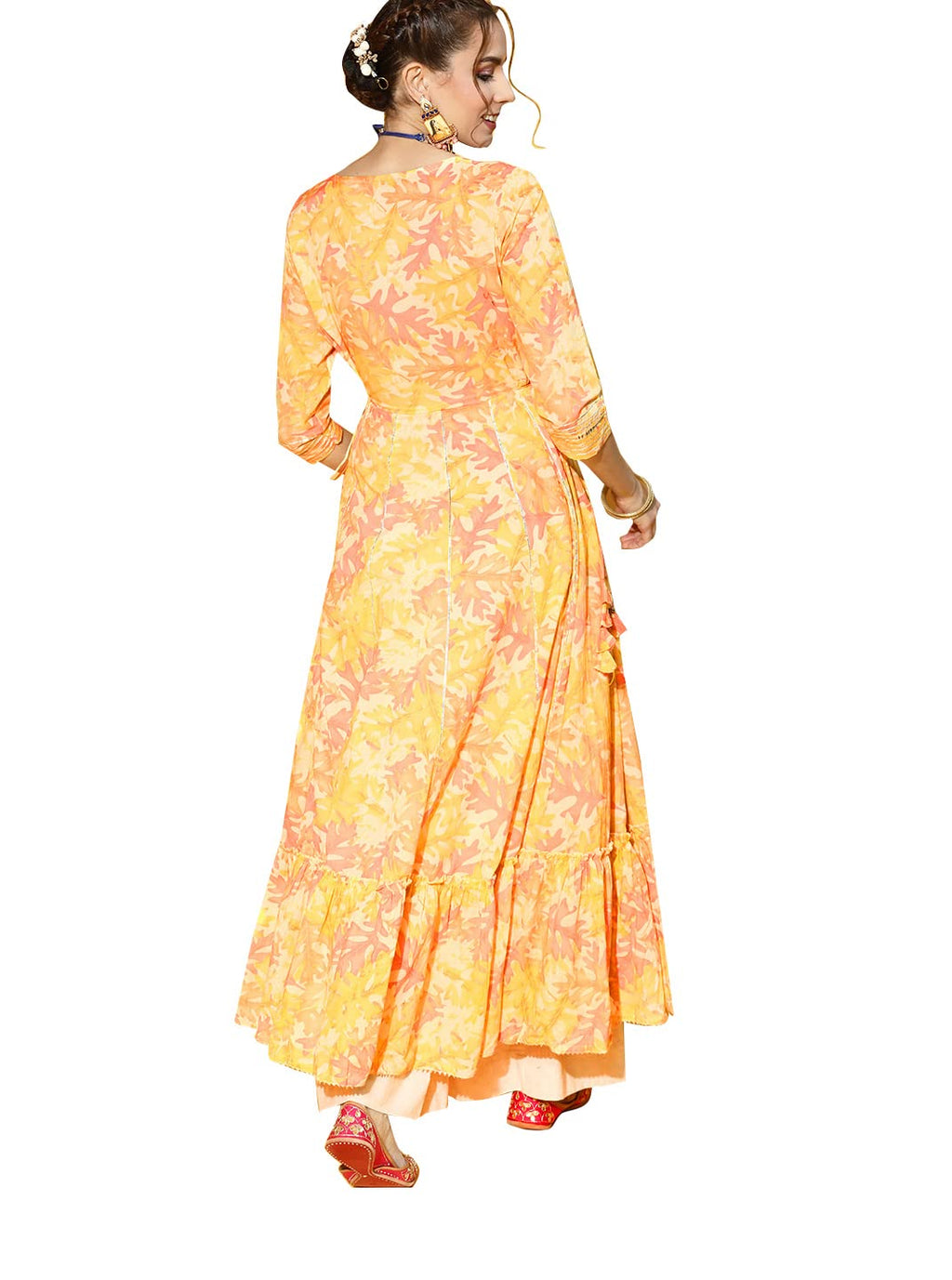 Ishin Women'S Cotton Anarkali Yellow Embroidered & Zari Work Kurti