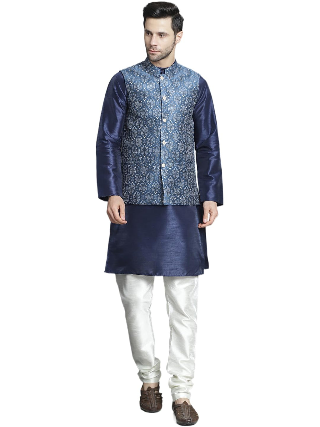 Jompers Mens Printed Nehru Jacket With Kurta Pyjama Set