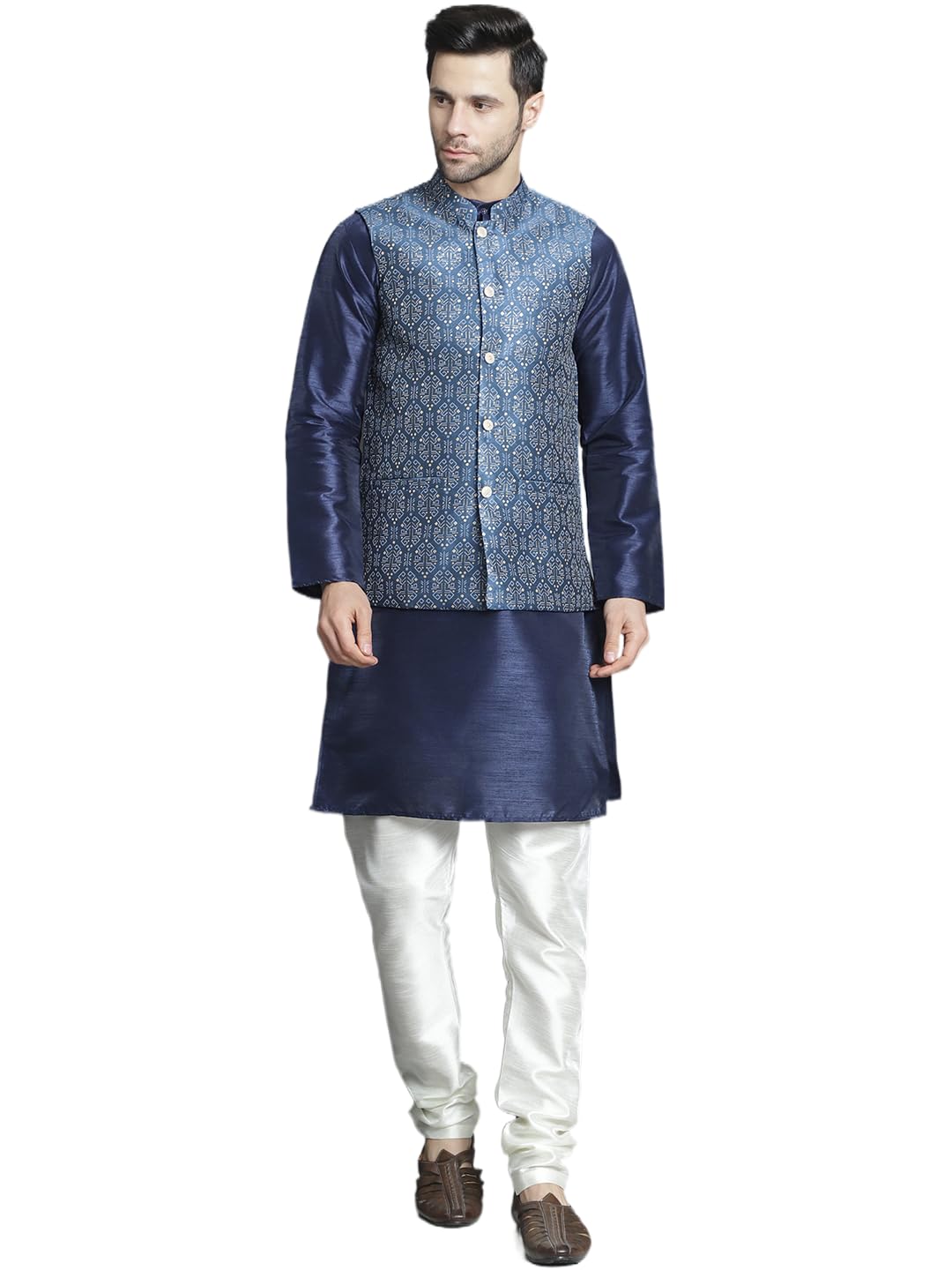 Jompers Mens Printed Nehru Jacket With Kurta Pyjama Set