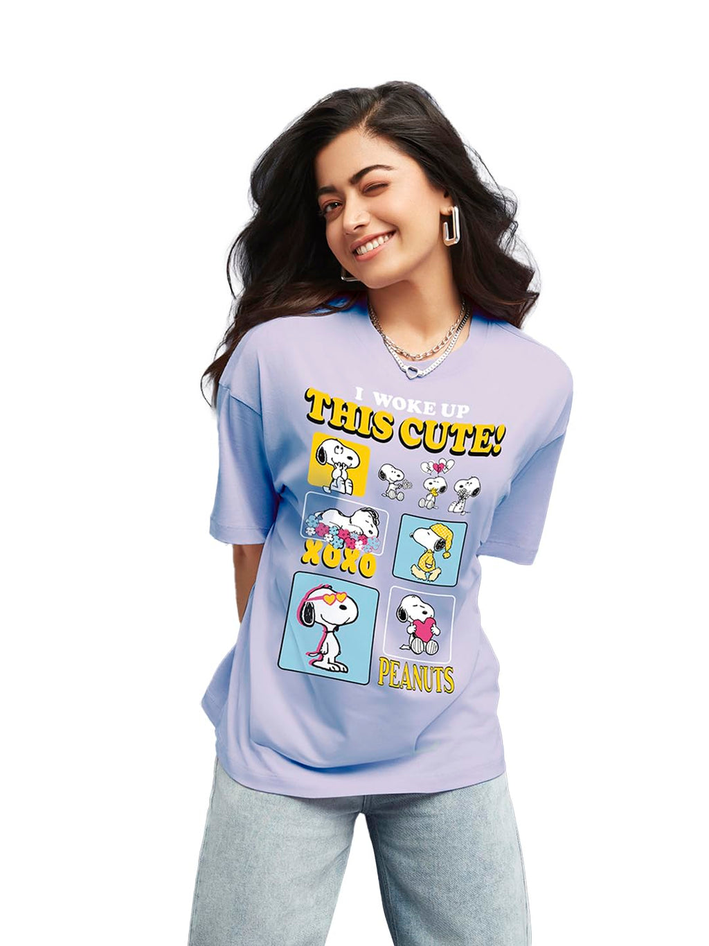 Bewakoof Official Peanuts Merchandise Womens Graphic Printed Oversized Fit Half Sleeve Round Neck Cotton T-Shirt_629619_Baby La