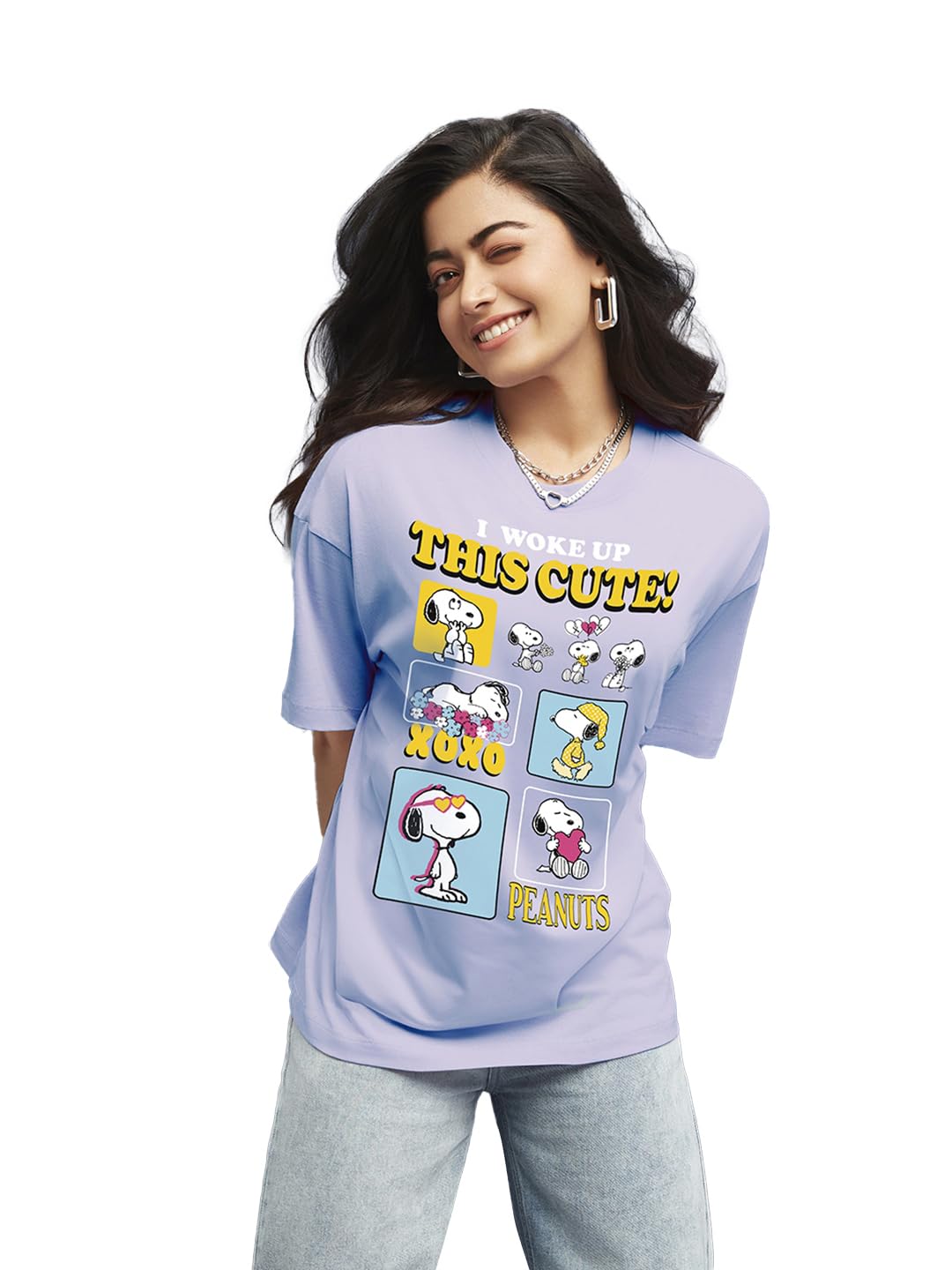 Bewakoof Official Peanuts Merchandise Womens Graphic Printed Oversized Fit Half Sleeve Round Neck Cotton T-Shirt_629619_Baby La