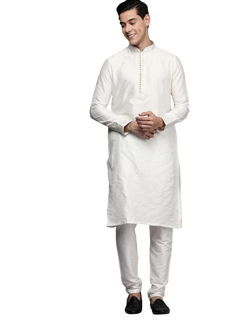 Manyavar Kurta Set for Men, Full Sleeves Mandarin Collar Ethnic Kurta Set For Diwali, Wedding, Party Blended Linen (Beige, XL)
