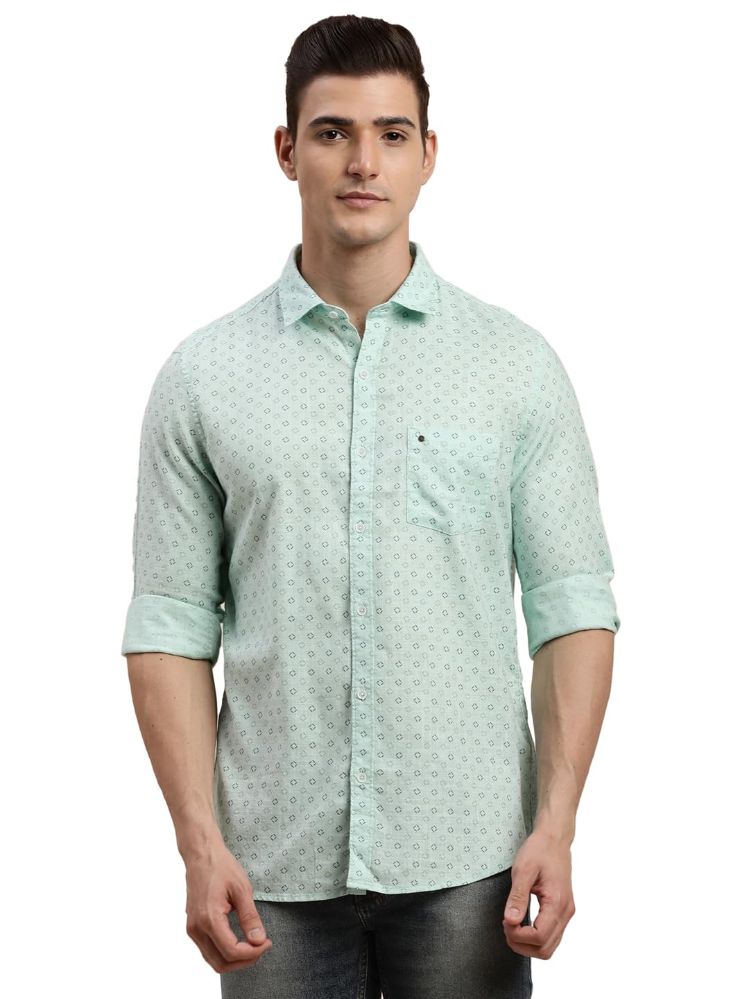 Turtle Men 100% Cotton Printed Slim Fit Light Green Casual Shirt